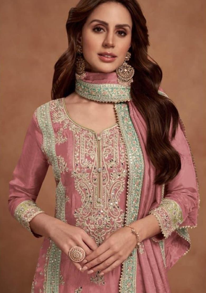 Dark Peach Embroidered Silk Kurta Set