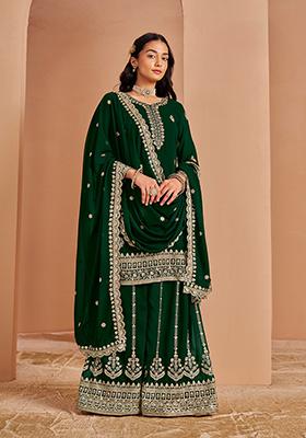 Dark Green Sequin Embroidered Georgette Kurta Set