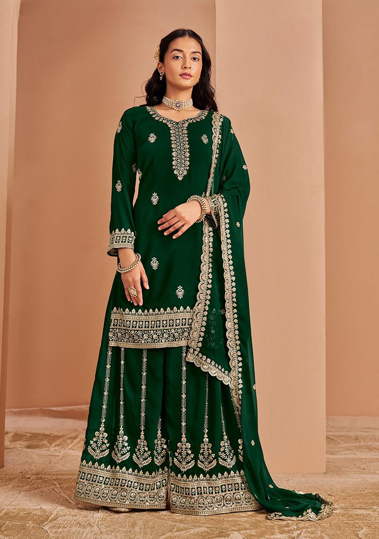 Dark Green Sequin Embroidered Georgette Kurta Set