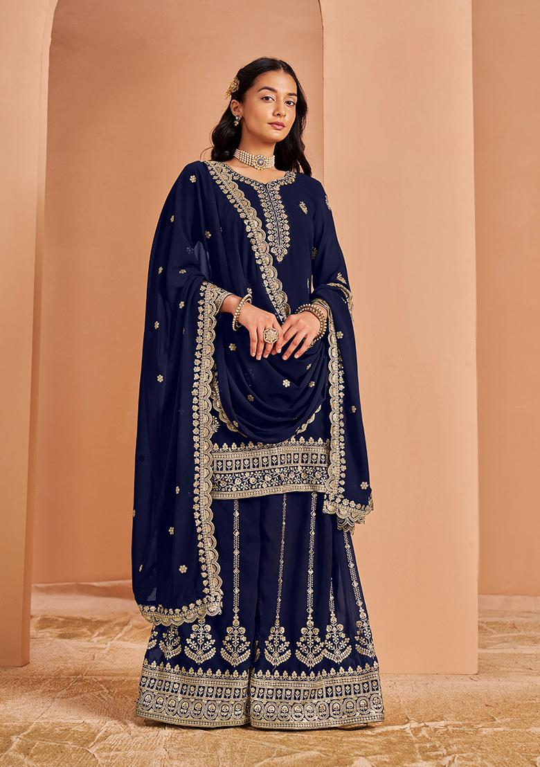 Navy Blue Sequin Embroidered Georgette Kurta Set