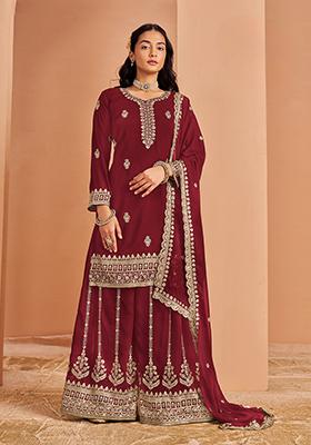 Maroon Sequin Embroidered Georgette Kurta Set