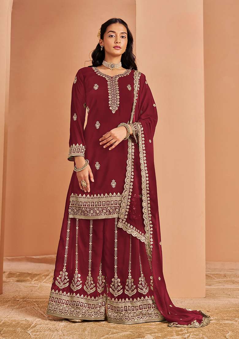 Maroon Embroidered Georgette Sharara Set - Indya
