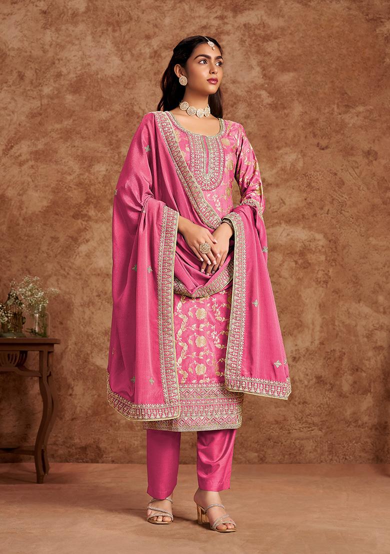 Pink Sequin Embroidered Jacquard Kurta Set