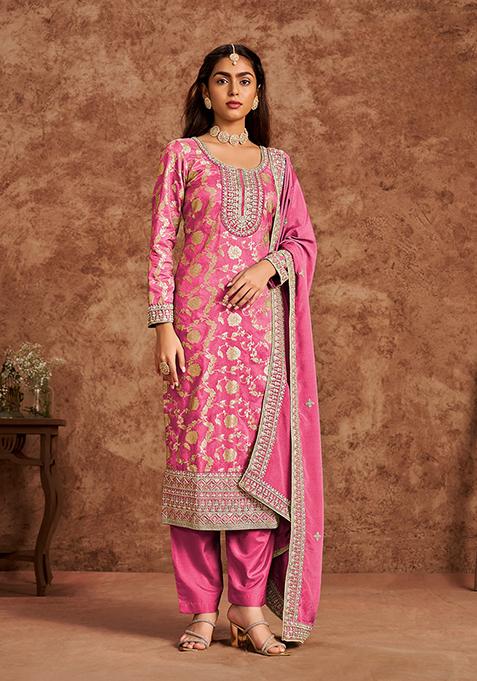 Pink Sequin Embroidered Jacquard Kurta Set