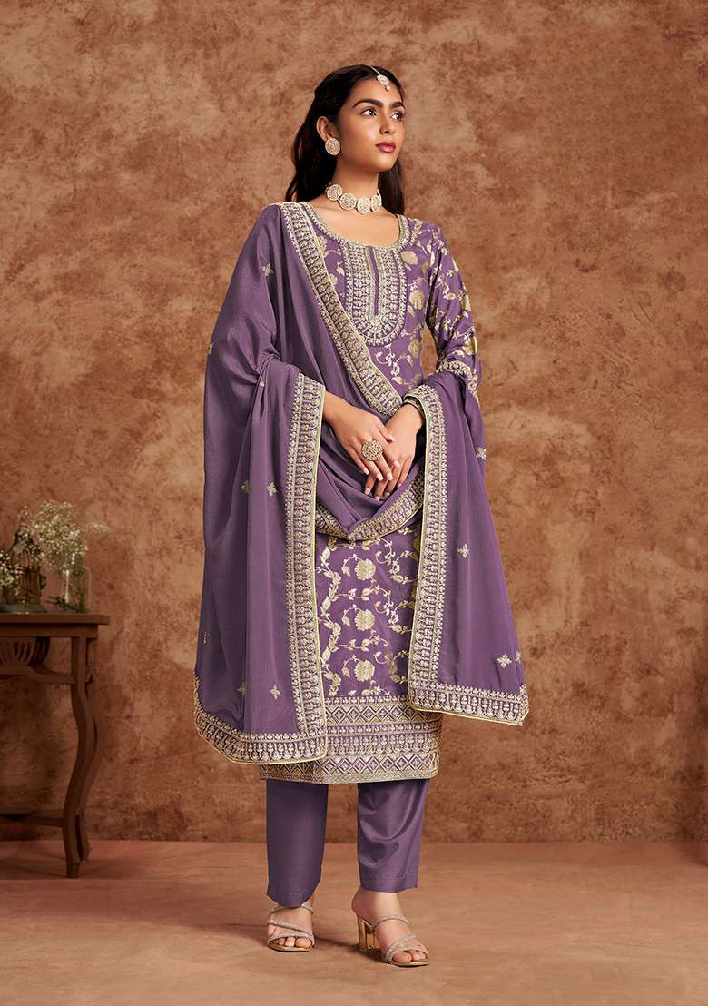 Purple Sequin Embroidered Jacquard Kurta Set - Indya