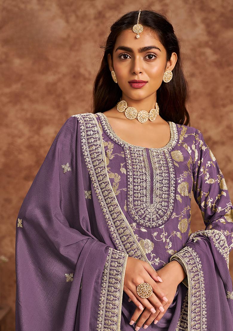 Purple Sequin Embroidered Jacquard Kurta Set