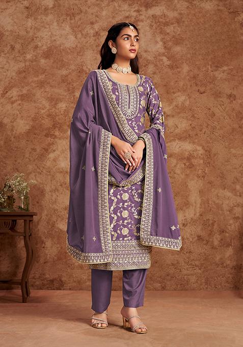 Purple Sequin Embroidered Jacquard Kurta Set