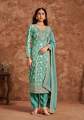 Green Sequin Embroidered Jacquard Kurta Set