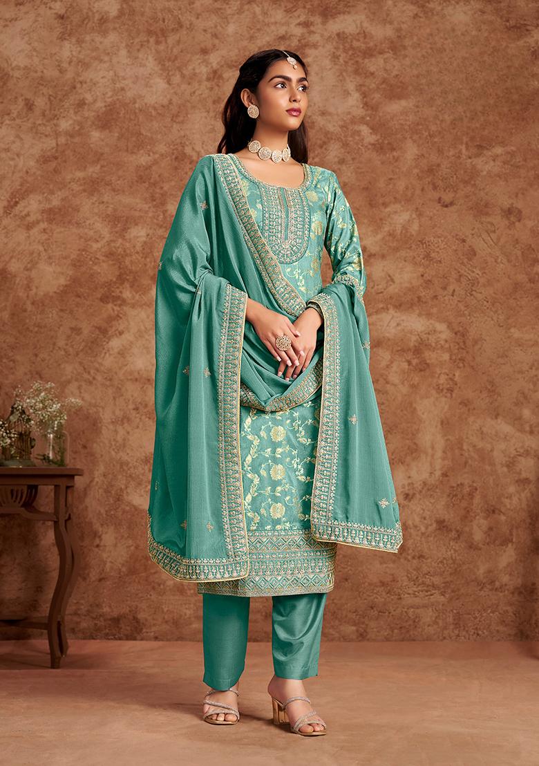Green Sequin Embroidered Jacquard Kurta Set