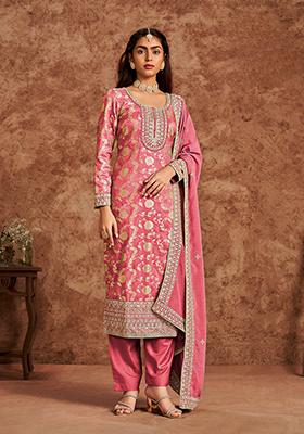 Peach Sequin Embroidered Jaquard Kurta Set