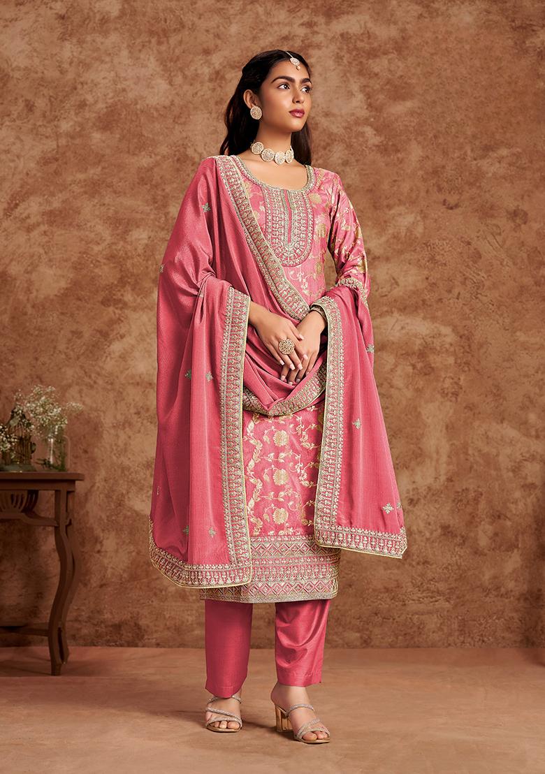 Peach Sequin Embroidered Jacquard Kurta Set