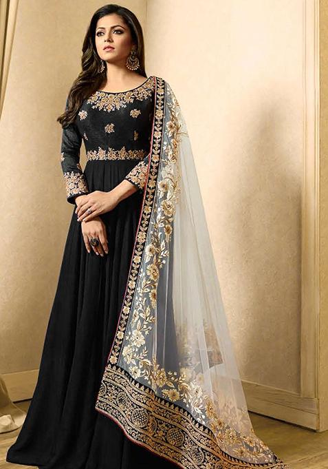Black Zari Embroidered Banglory Georgette Anarkali Set