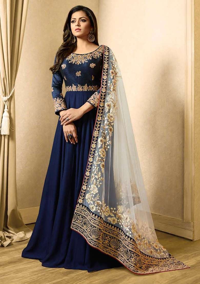 Blue Embroidered Georgette Anarkali Set - Indya