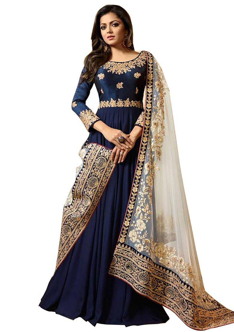 Blue Zari Embroidered Banglory Georgette Anarkali Set - Indya
