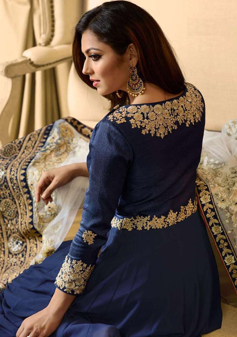 Blue Embroidered Georgette Anarkali Set - Indya