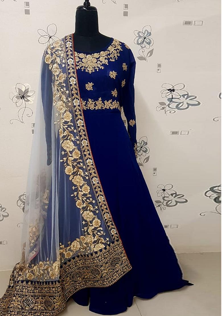Blue Zari Embroidered Banglory Georgette Anarkali Set - Indya