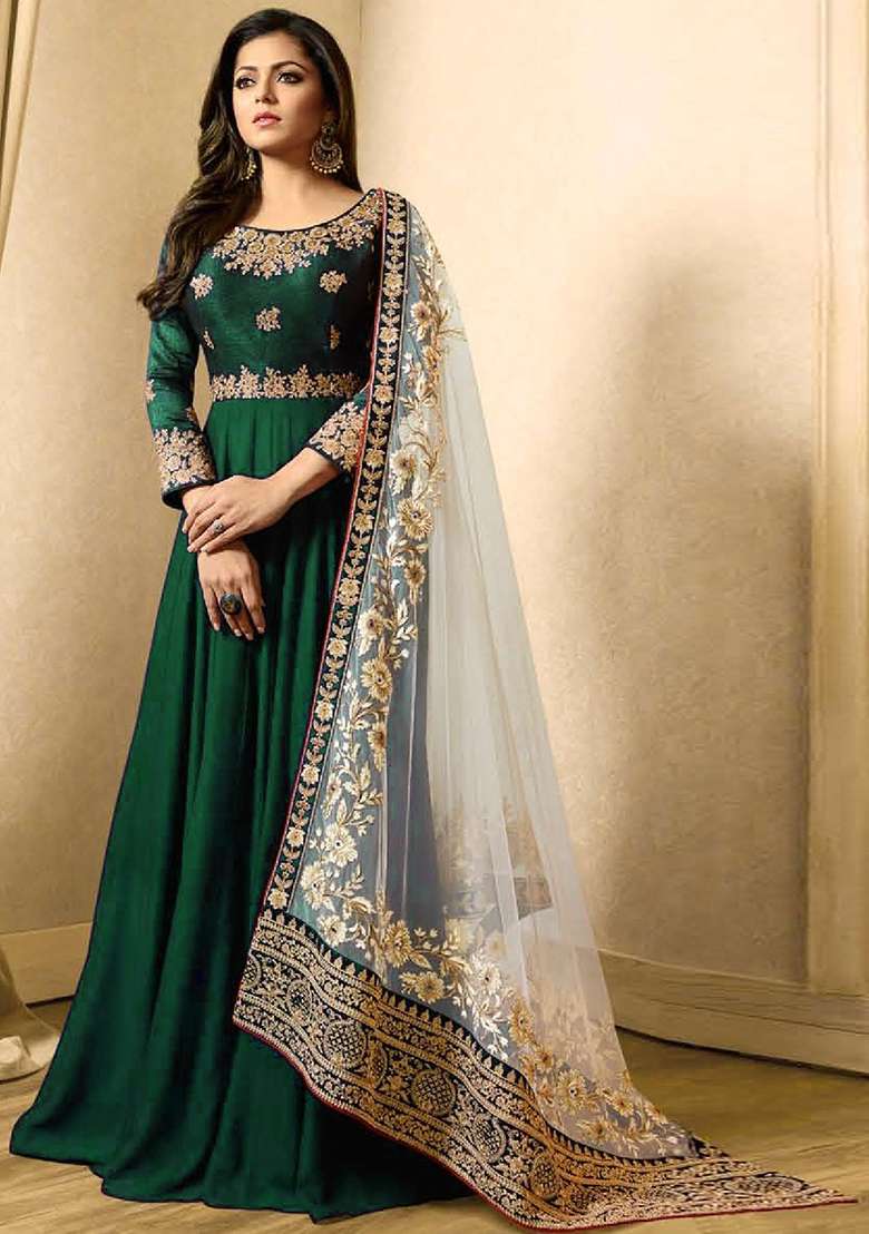Green Embroidered Georgette Anarkali Set - Indya