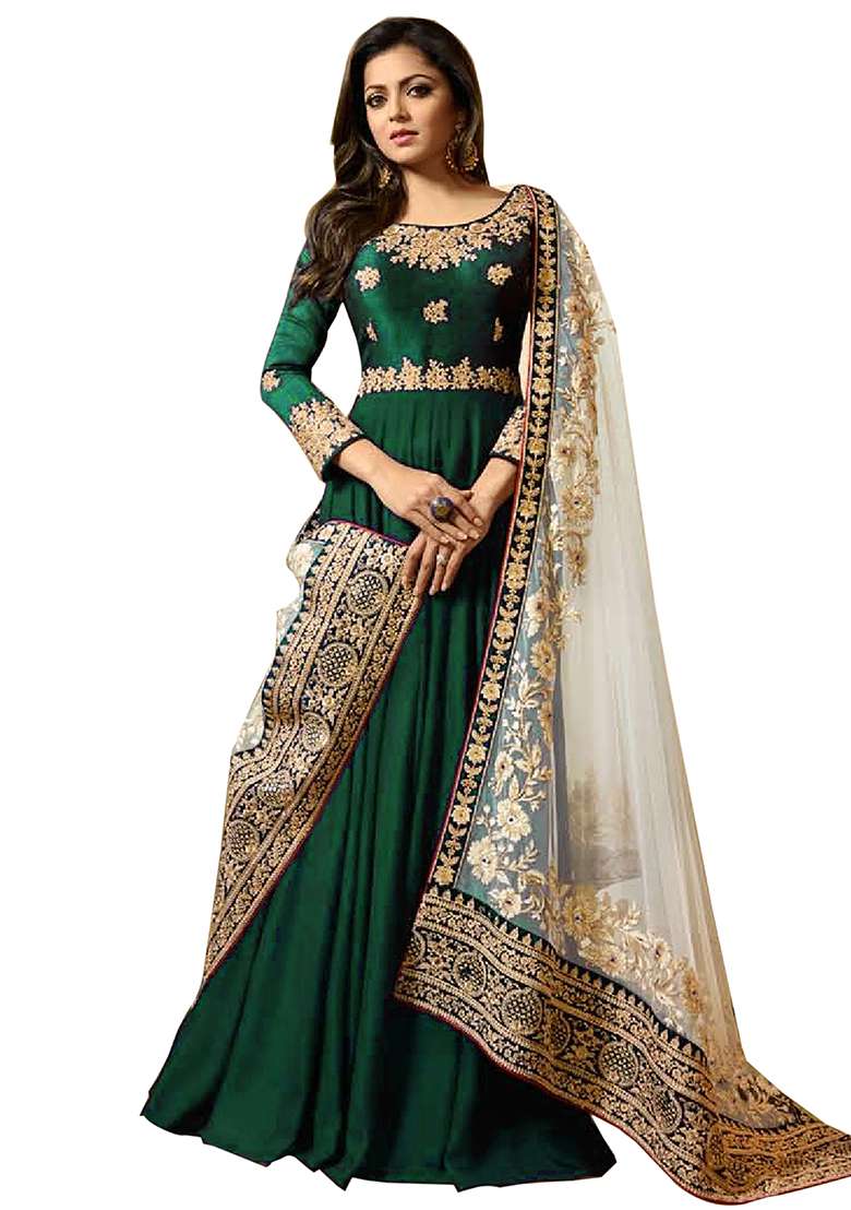 Green Embroidered Georgette Anarkali Set - Indya