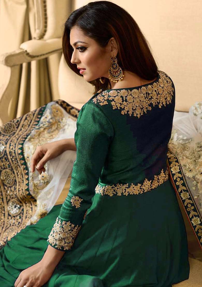 Green Embroidered Georgette Anarkali Set - Indya