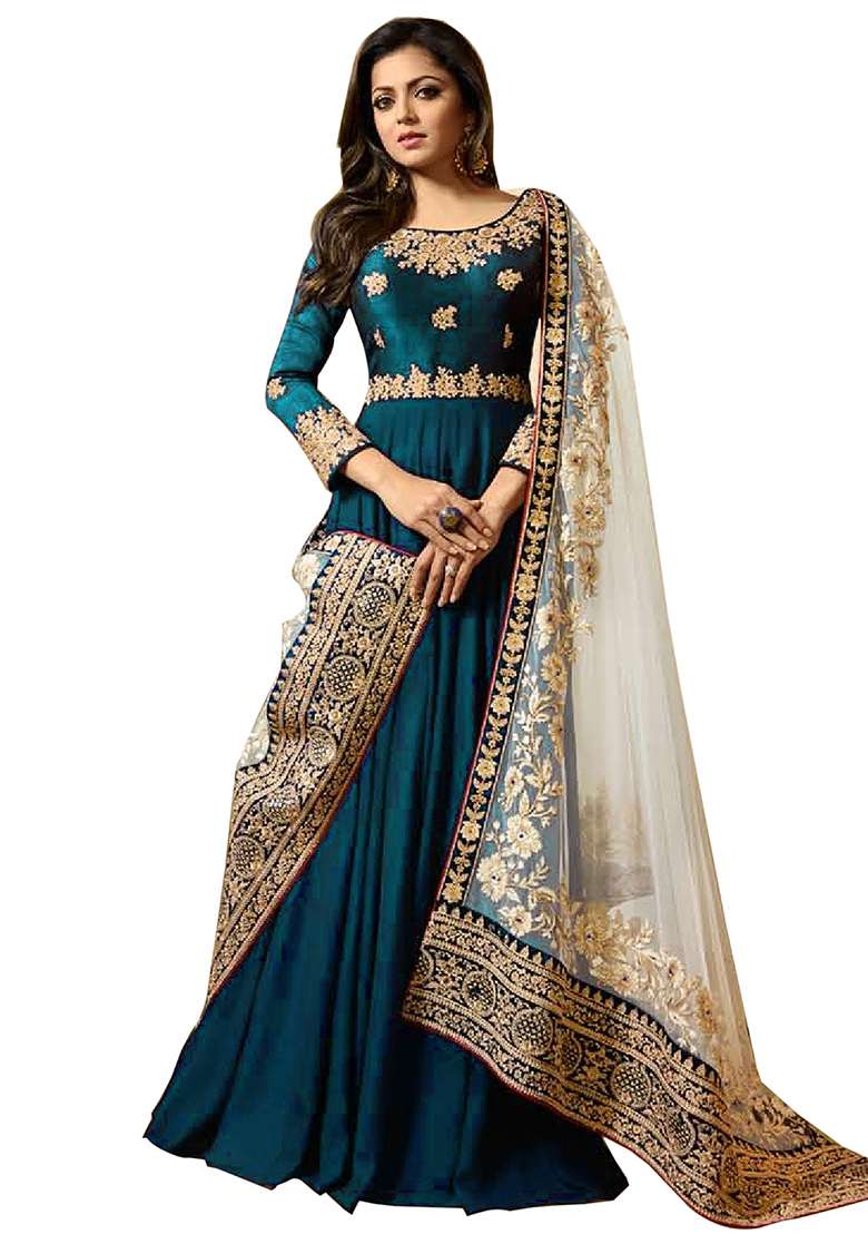 Turquoise Embroidered Georgette Anarkali Set - Indya