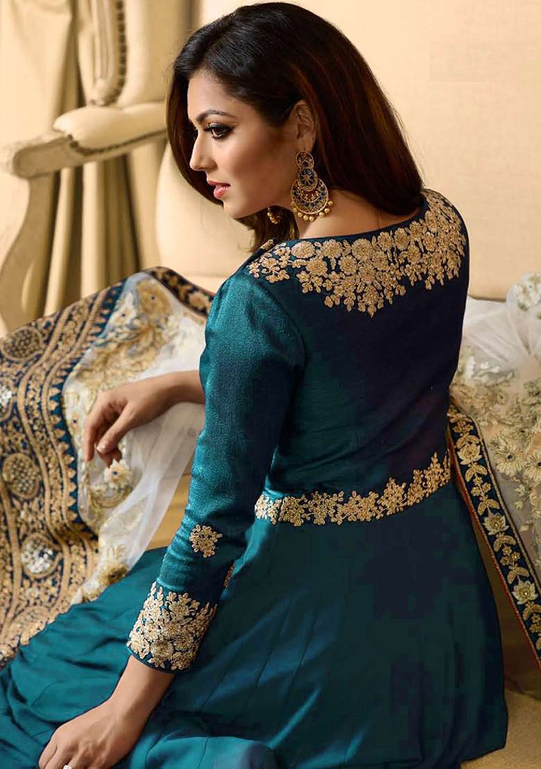 Turquoise Embroidered Georgette Anarkali Set - Indya