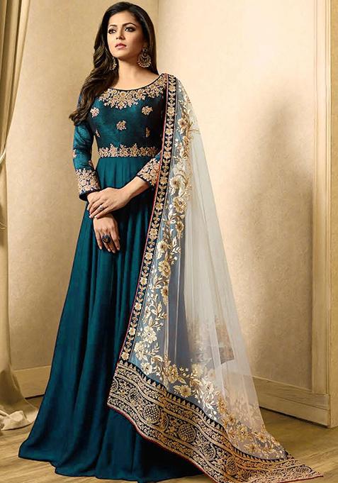 Turquoise Zari Embroidered Banglory Georgette Anarkali Set
