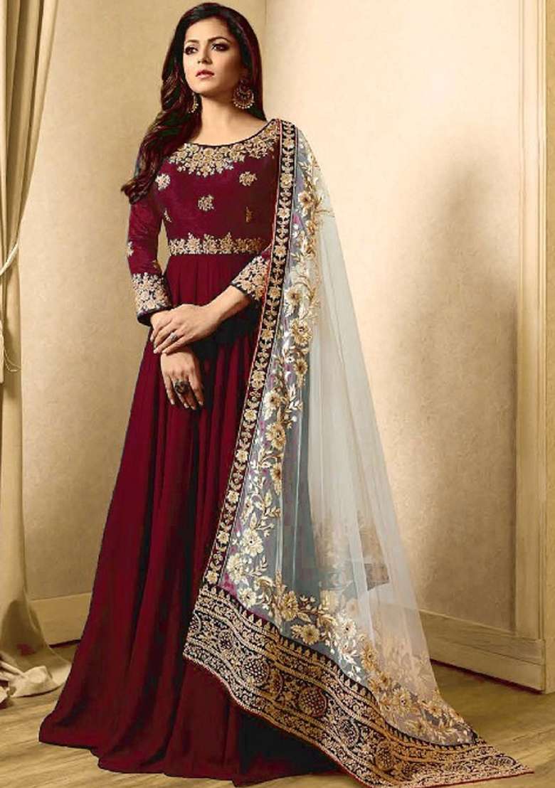 Maroon Embroidered Georgette Anarkali Set - Indya