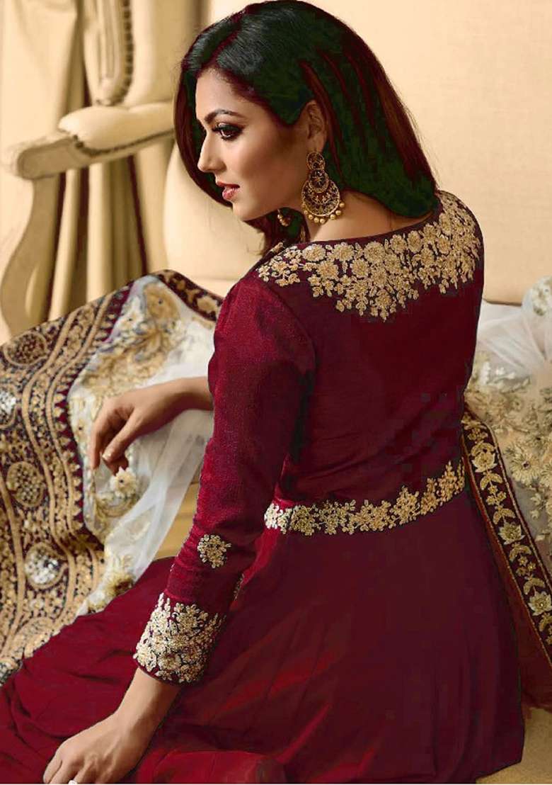 Maroon Embroidered Georgette Anarkali Set - Indya