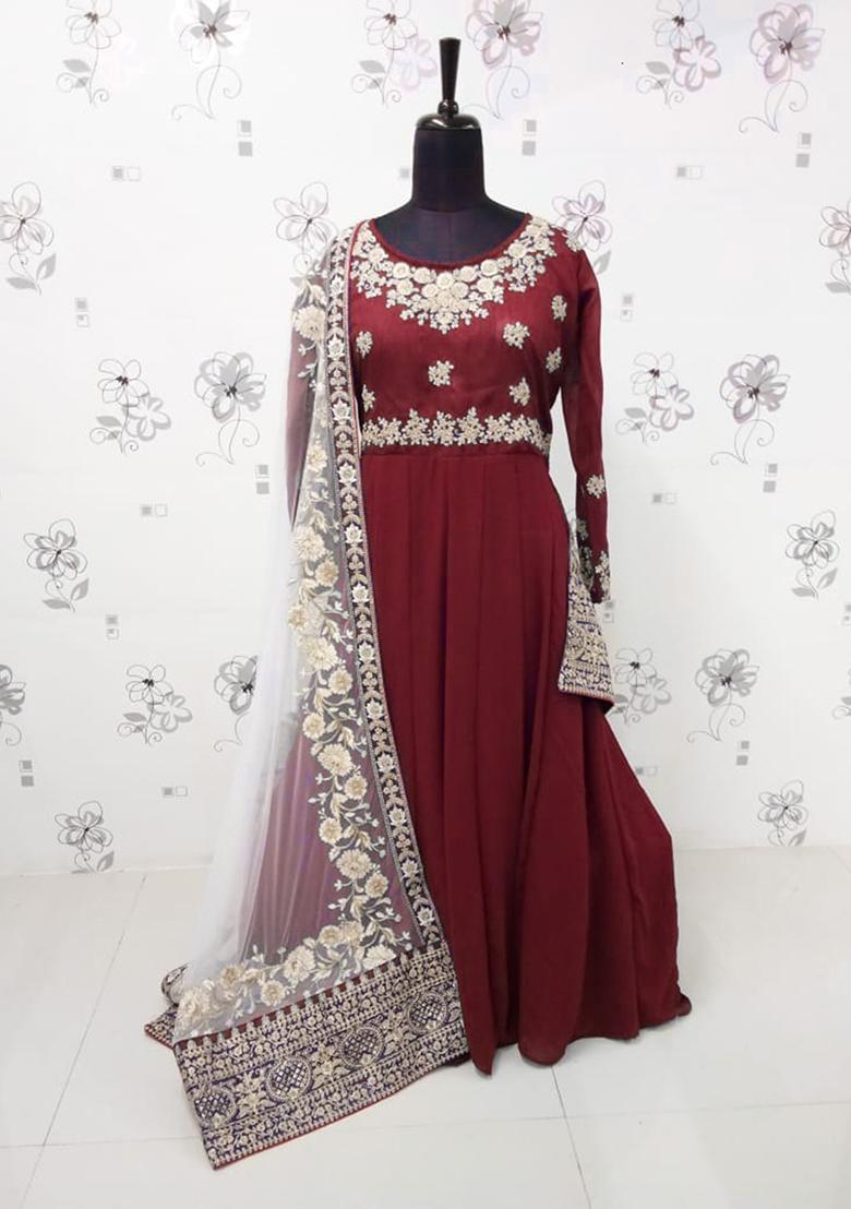 Maroon Zari Embroidered Banglory Georgette Anarkali Set - Indya