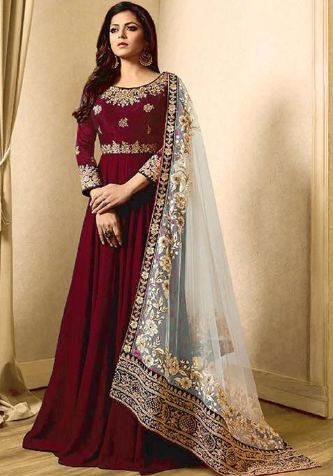 Maroon Zari Embroidered Banglory Georgette Anarkali Set