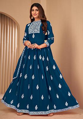 Turquoise Sequin Thread Embroidered Georgette Anarkali Set