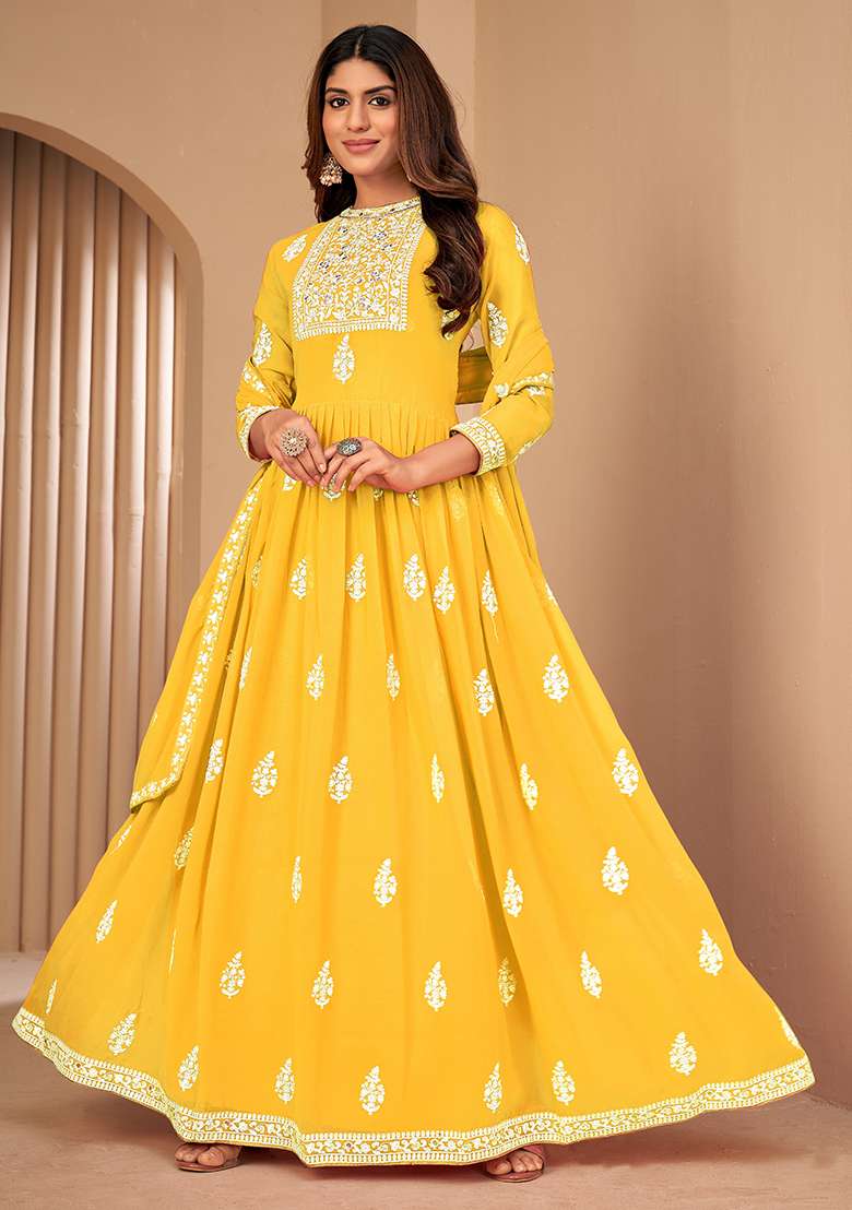 Yellow Embroidered Georgette Anarkali Set - Indya