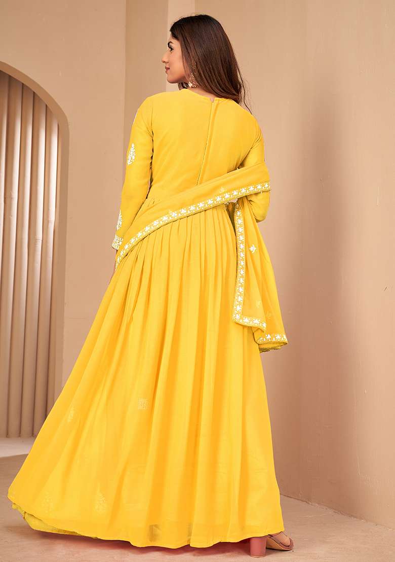 Yellow Embroidered Georgette Anarkali Set - Indya