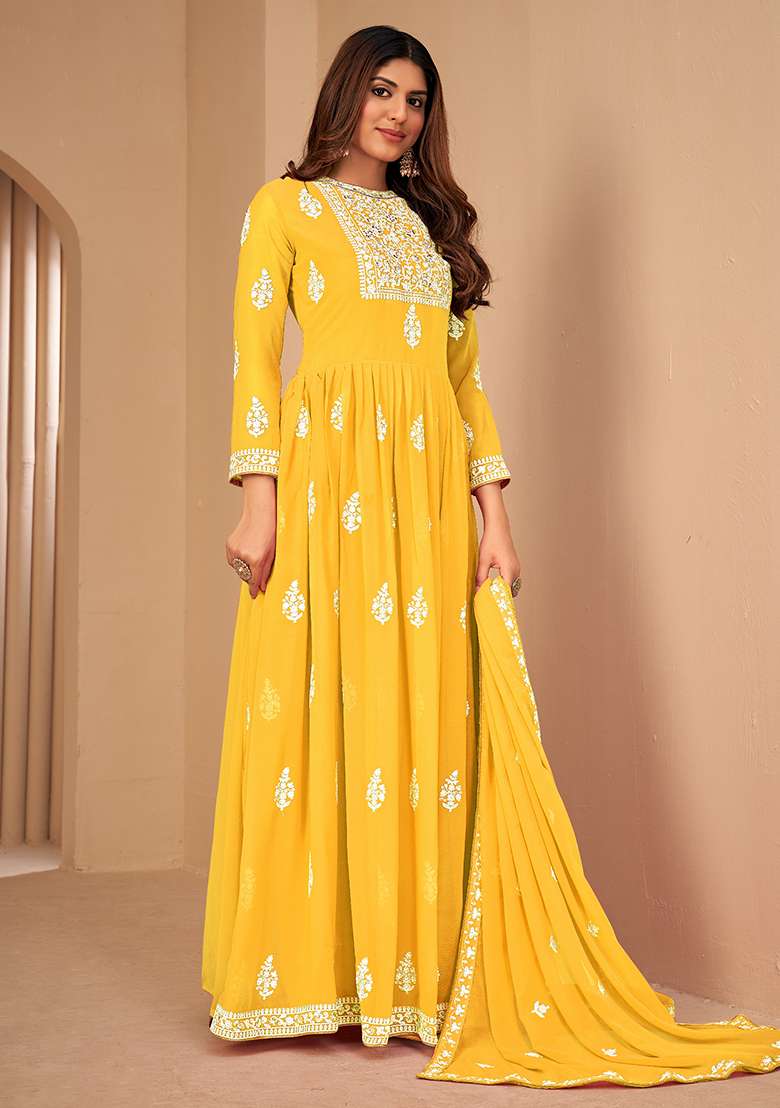 Yellow Embroidered Georgette Anarkali Set - Indya