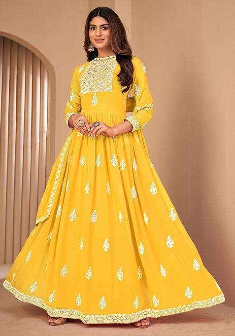 Yellow Sequin Thread Embroidered Georgette Anarkali With Dupatta