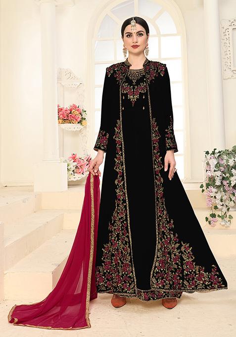 Black Sequin Thread Embroidered Georgette Anarkali With Dupatta