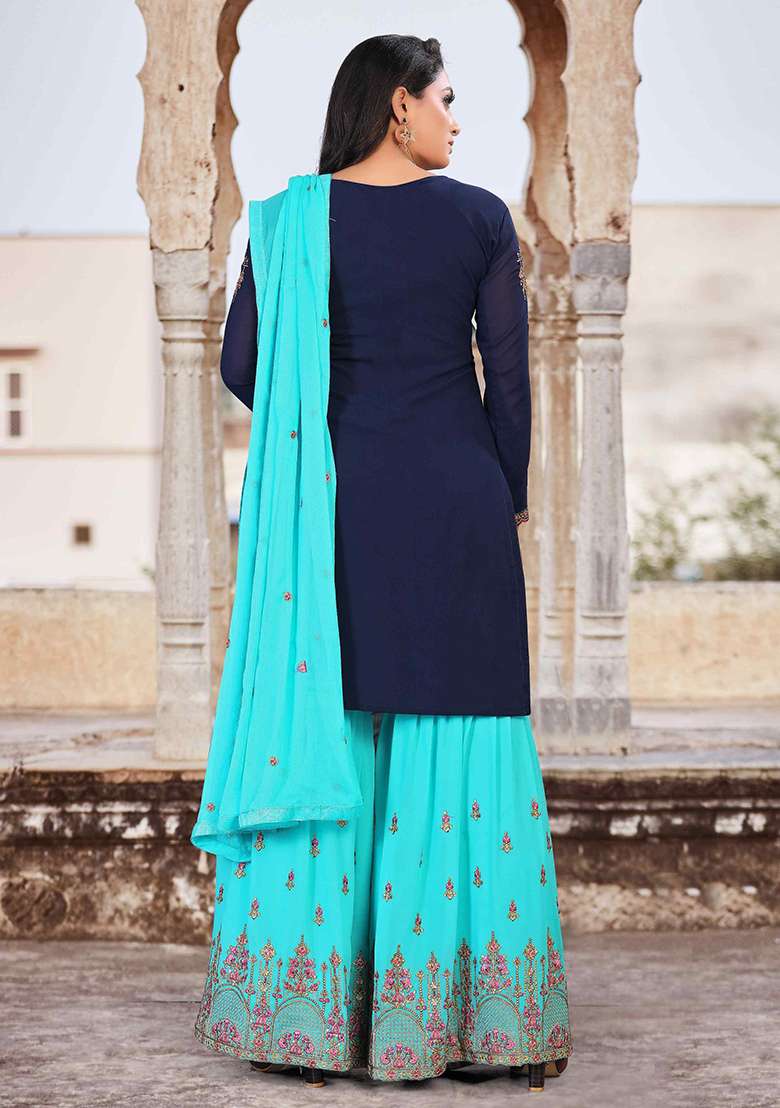 Blue Embroidered Georgette Sharara Set - Indya