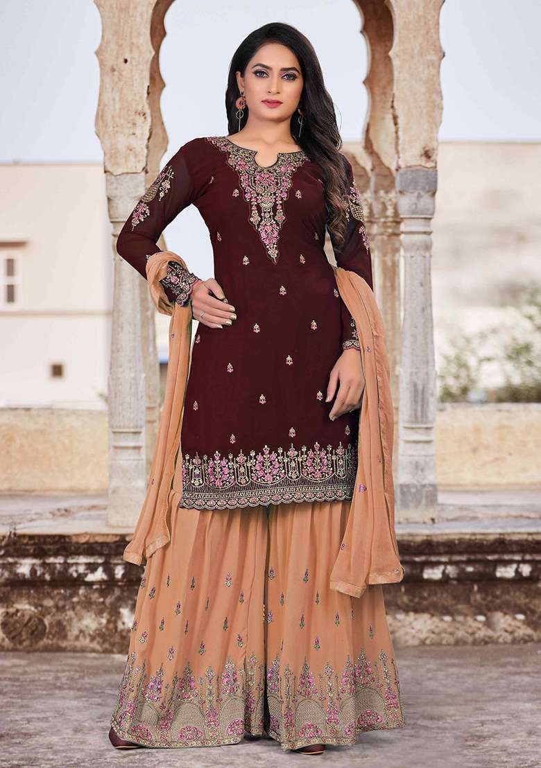 Brown Embroidered Georgette Sharara Set - Indya