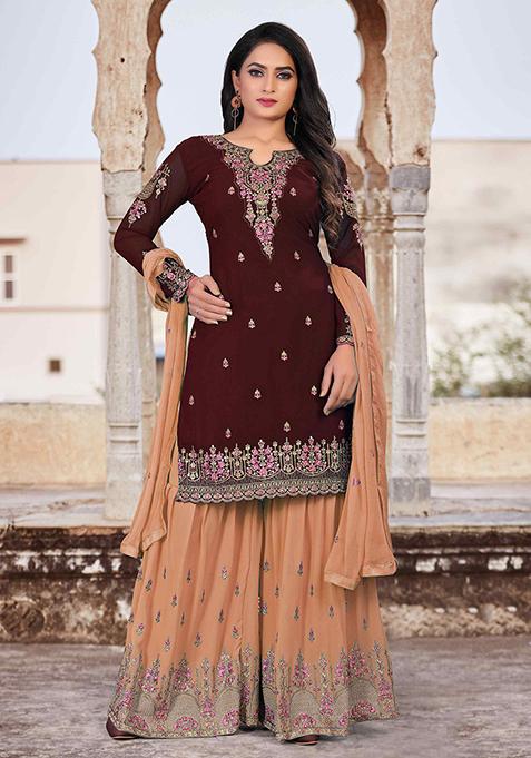 Brown Sequin Thread Embroidered Georgette Sharara Set