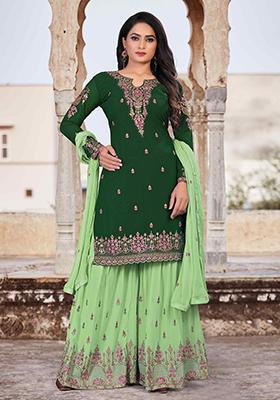 Green Sequin Thread Embroidered Georgette Sharara Set