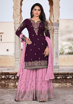 Purple Sequin Thread Embroidered Georgette Sharara Set