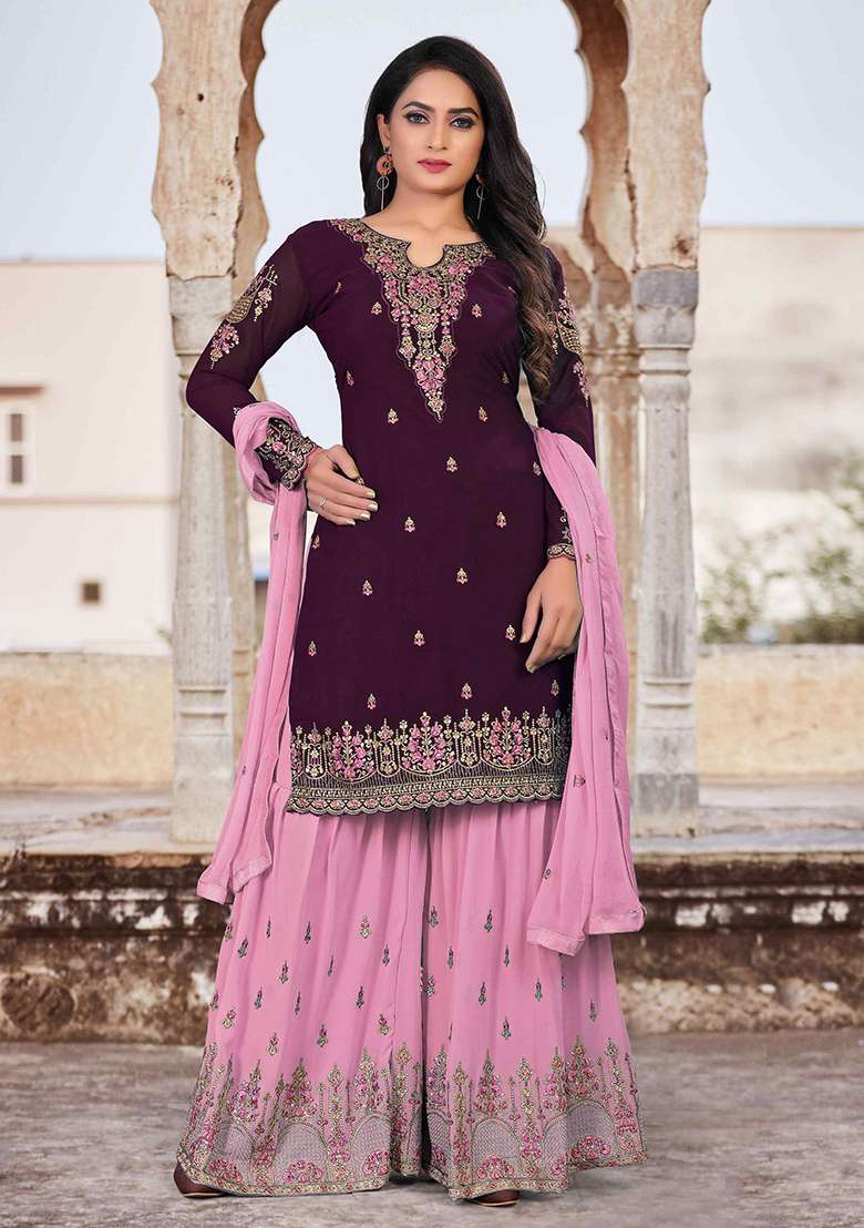 Purple Sequin Thread Embroidered Georgette Sharara Set - Indya