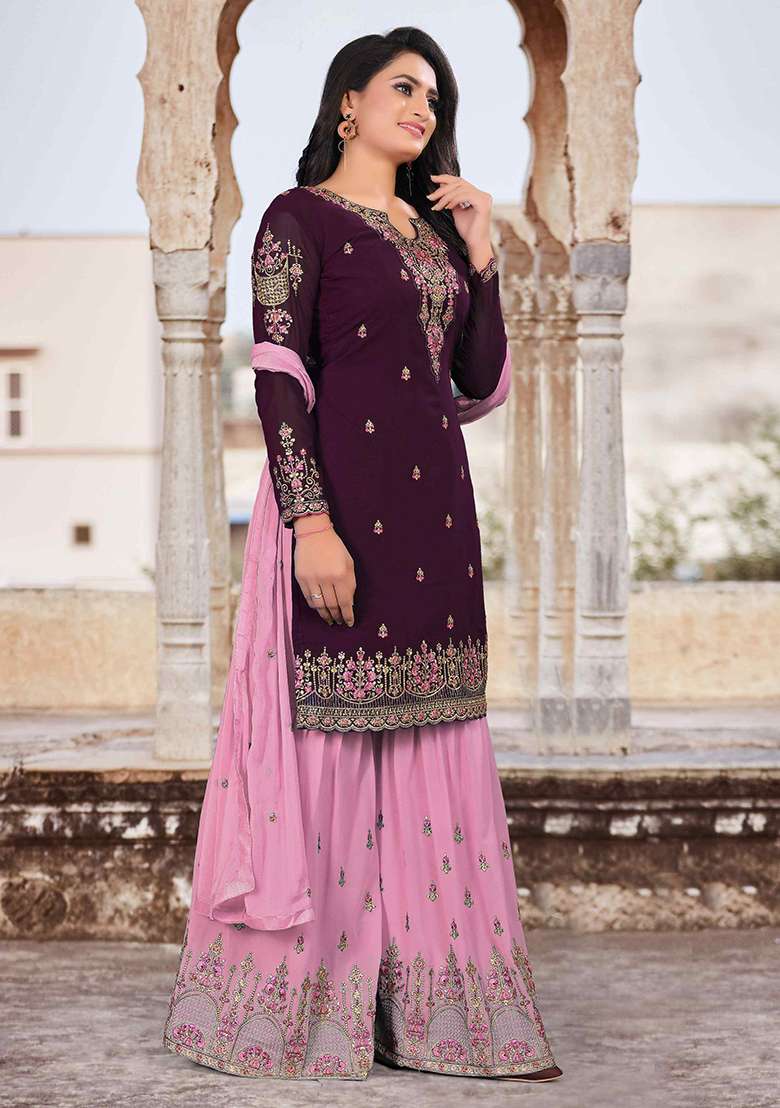 Purple Sequin Thread Embroidered Georgette Sharara Set - Indya
