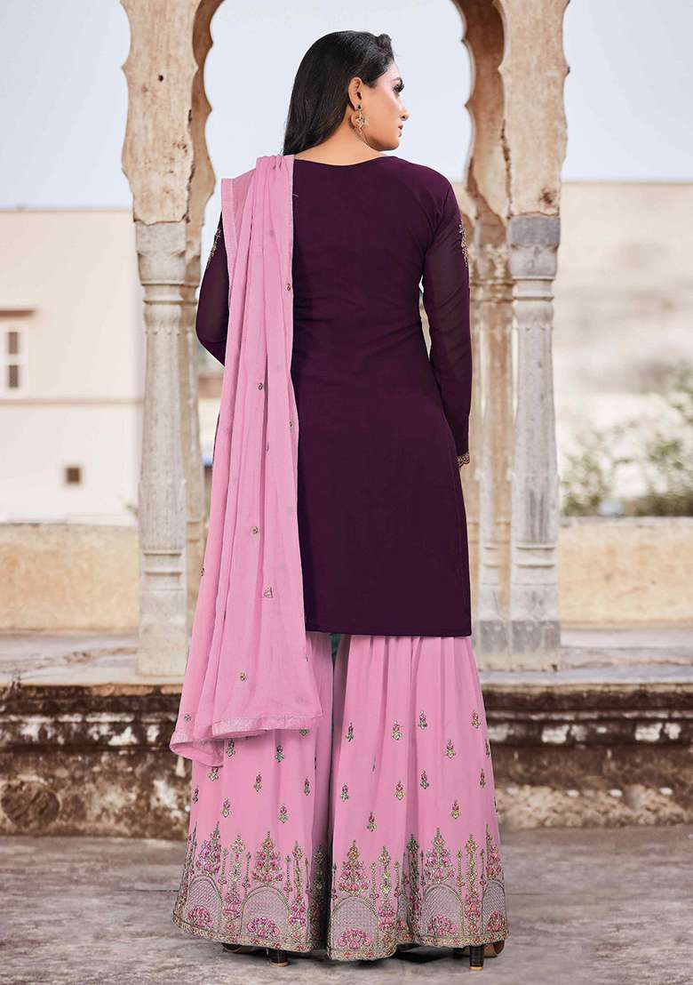 Purple Sequin Thread Embroidered Georgette Sharara Set - Indya