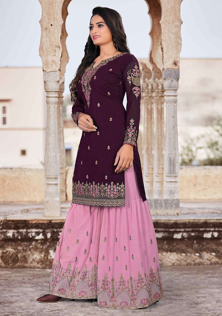 Purple Sequin Thread Embroidered Georgette Sharara Set - Indya