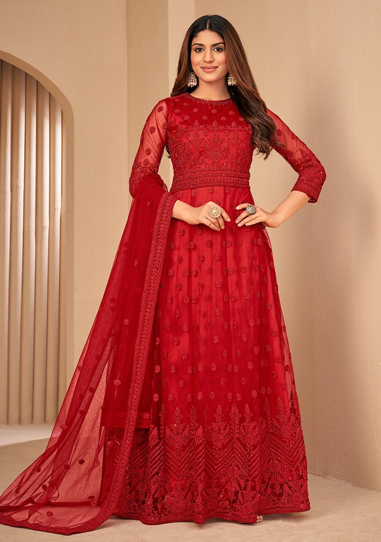 Red Dori Embroidered Net Anarkali Set