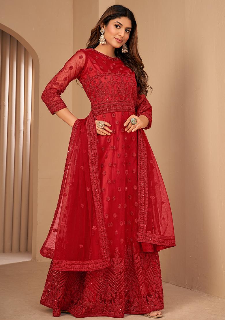 Red Dori Embroidered Net Anarkali Set