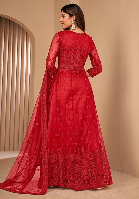 Red Dori Embroidered Net Anarkali Set