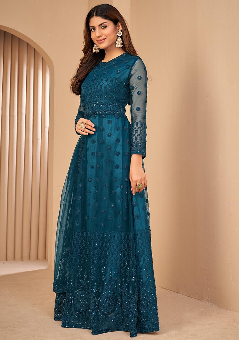 Turquoise Dori Embroidered Net Anarkali With Dupatta - Indya