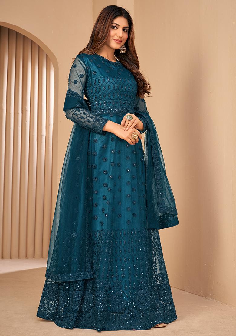 Turquoise Dori Embroidered Net Anarkali With Dupatta - Indya